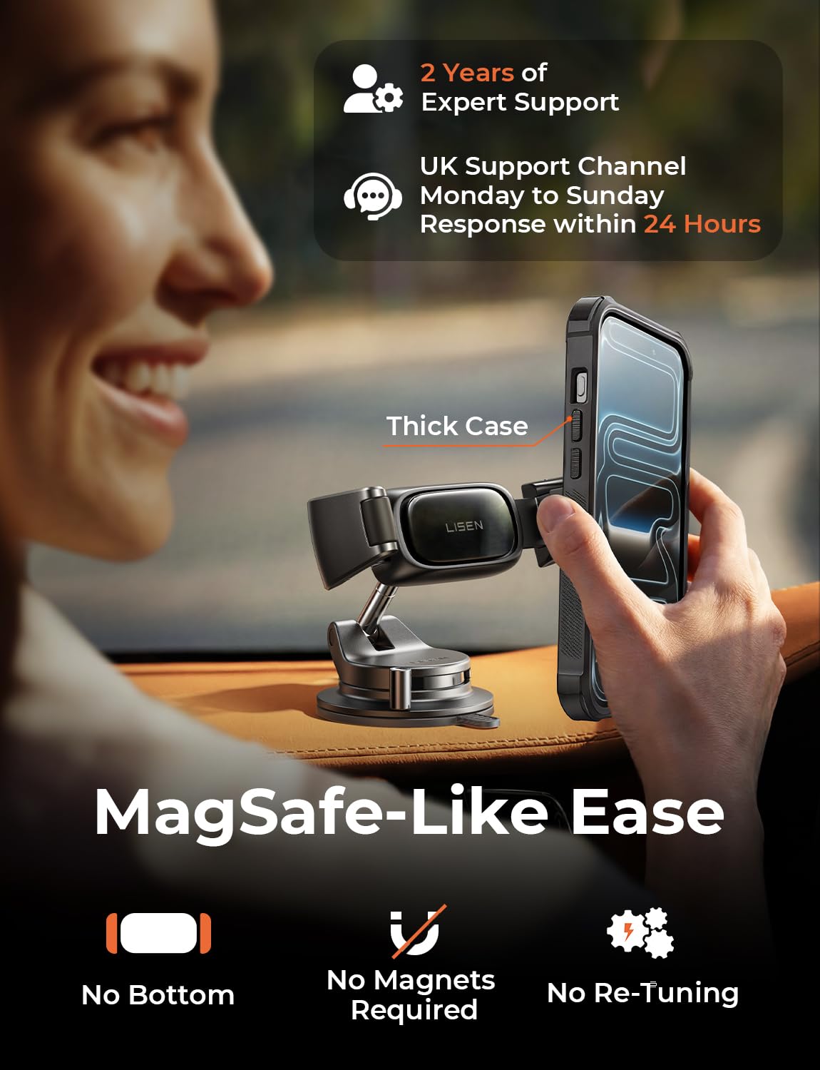 LISEN Car Phone Holder [2026 Industry-First] Dashboard/Windscreen Mobile Car Phone Mount Suction Phone Holder for Cars for iPhone 17 16 Pro Max Samsung S26 Gadgets,Black Medium