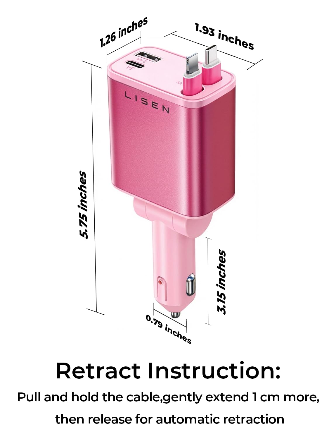 LISEN Retractable Car Charger, Pink-White