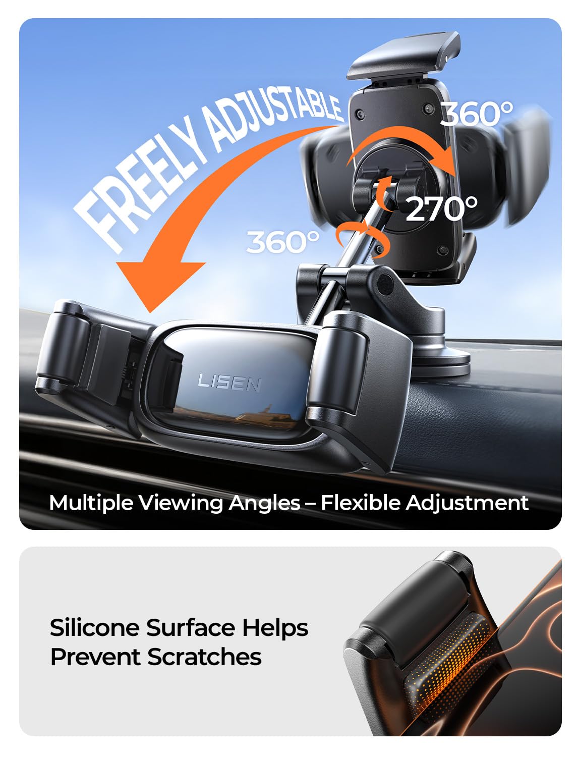 LISEN Car Phone Holder [2026 Industry-First] Dashboard/Windscreen Mobile Car Phone Mount Suction Phone Holder for Cars for iPhone 17 16 Pro Max Samsung S26 Gadgets,Black Medium