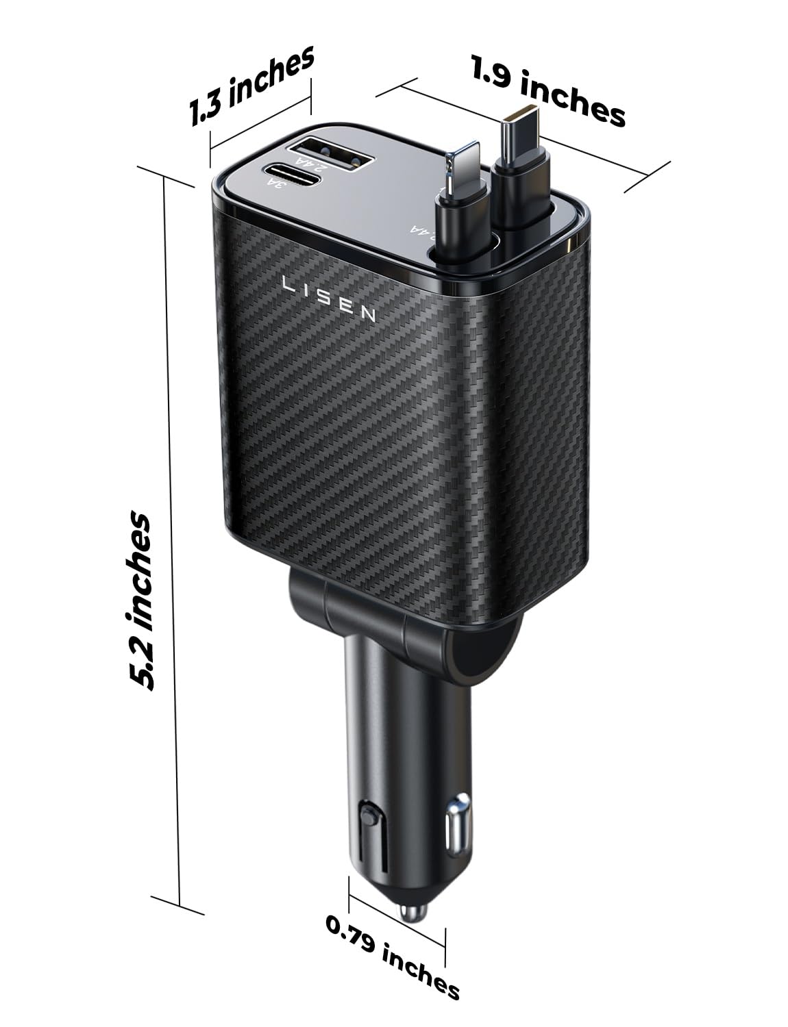 LISEN Retractable Car Charger, 84W Car Charger USB C Fast Charger Adapter, Car Accessories for Men Women, Gifts for Fathers Day for Men Dad Husband, for iPhone 17 16 15 14 13 12 Pro Max, Carbon-Black
