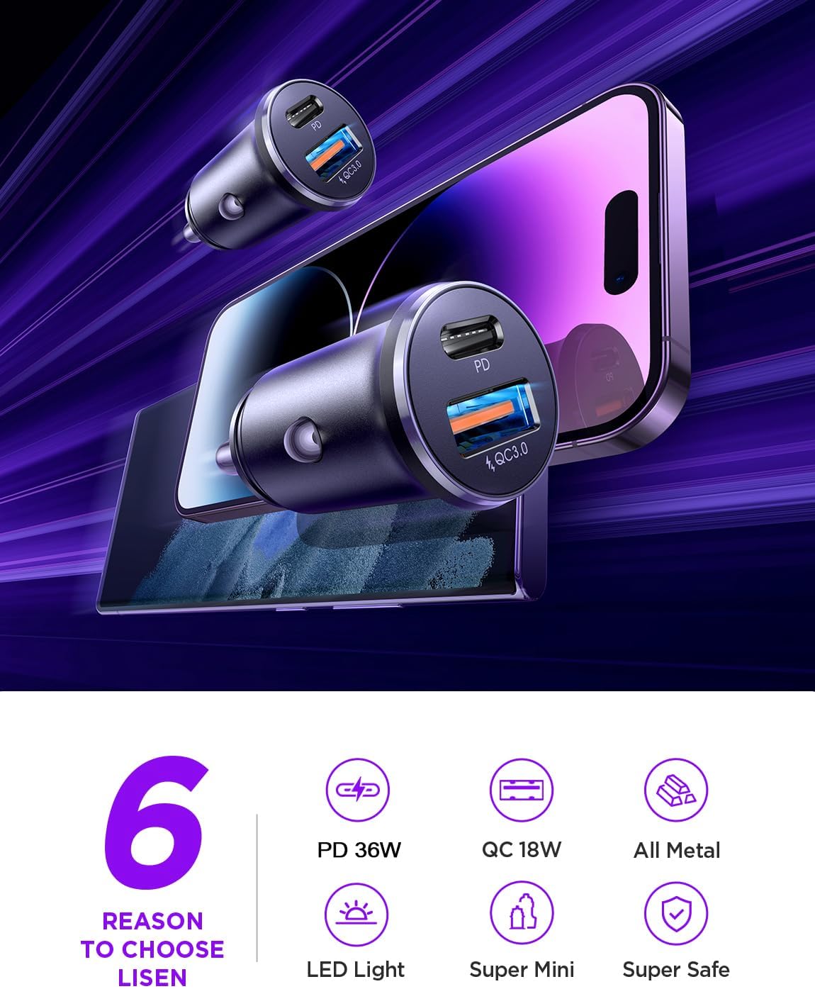 LISEN 12V Car Charger USB Adapter 2 Pack Cigarette Lighter USB Charger 69W Fast Charge [All Metal] 24V Type-C Socket Mercedes Campervan Car Accessories Gadgets