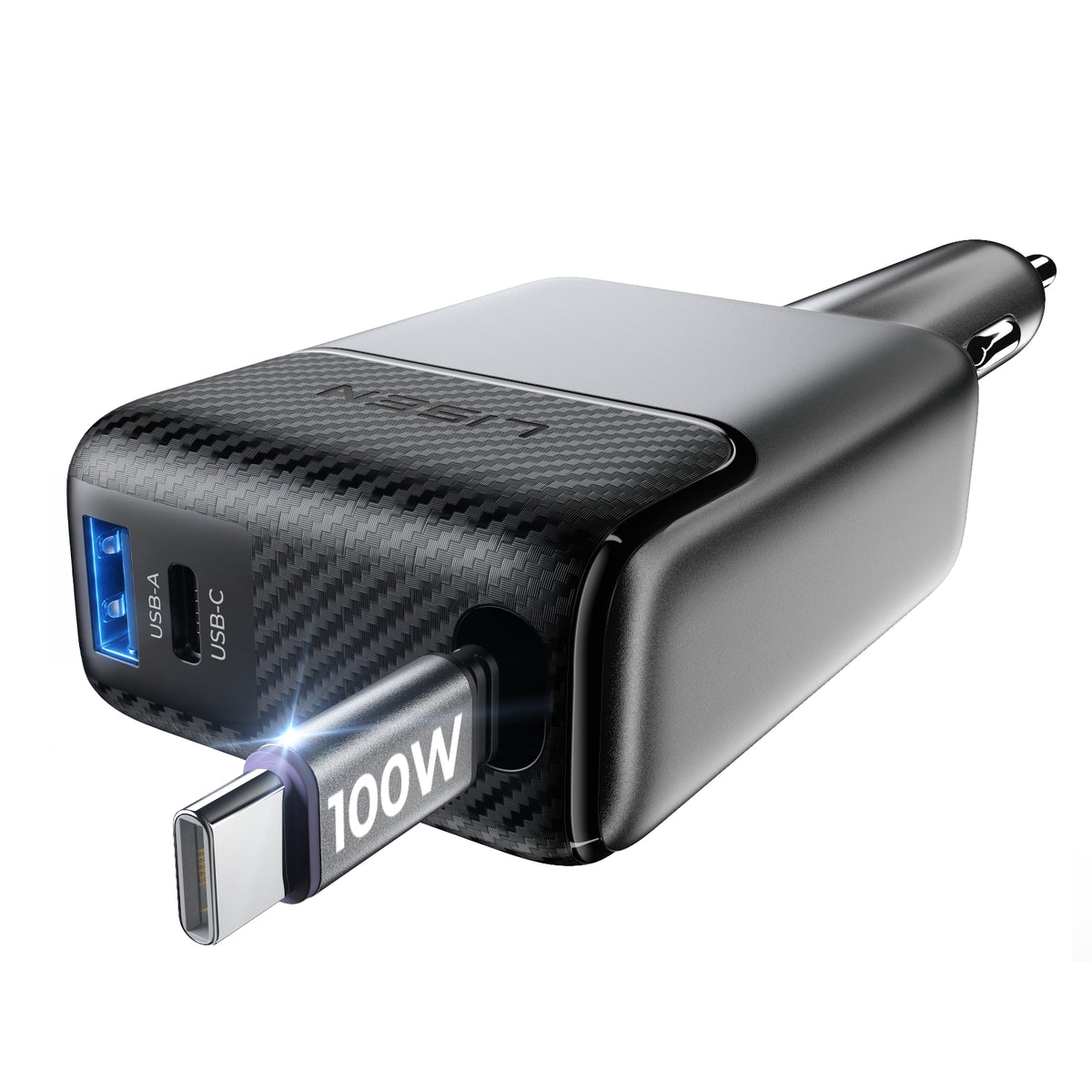 LISEN 100W Single Retractable Cable Car Charger, USB C Super Fast, 154W Max [100W on One Cable for Laptop] Fast Charging for Samsung S26/S25 Ultra, iPhone 17/16 Pro Max, MacBook, Pixel, iPad, AirPods
